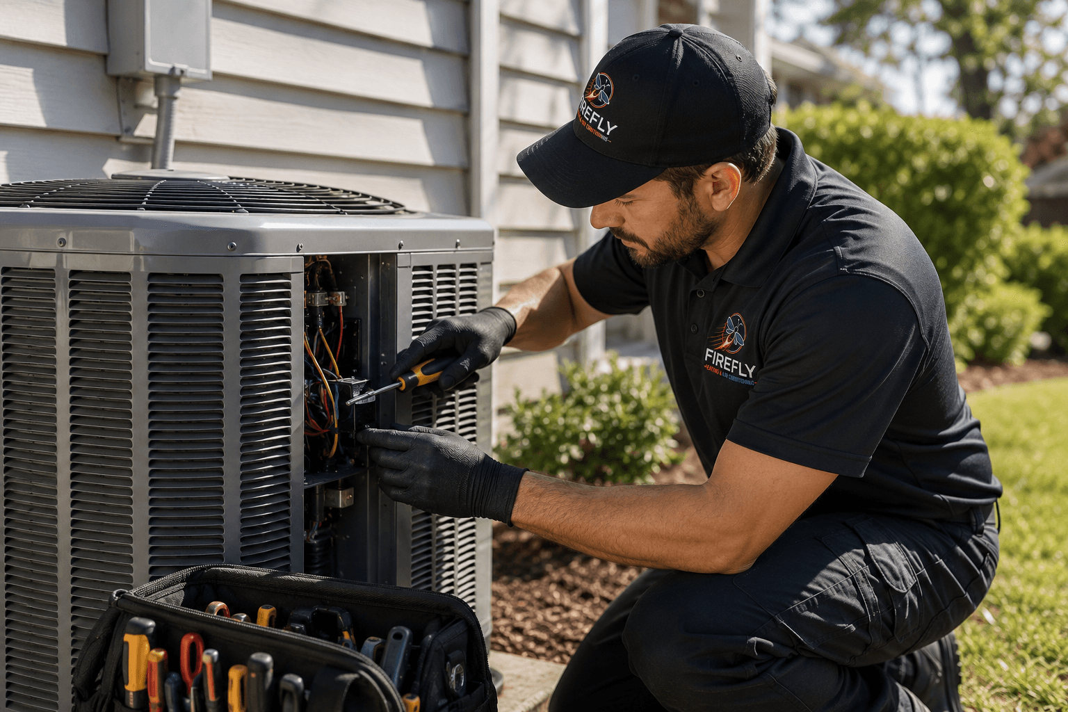 Firefly technician servicing an outdoor air conditioning condenser.