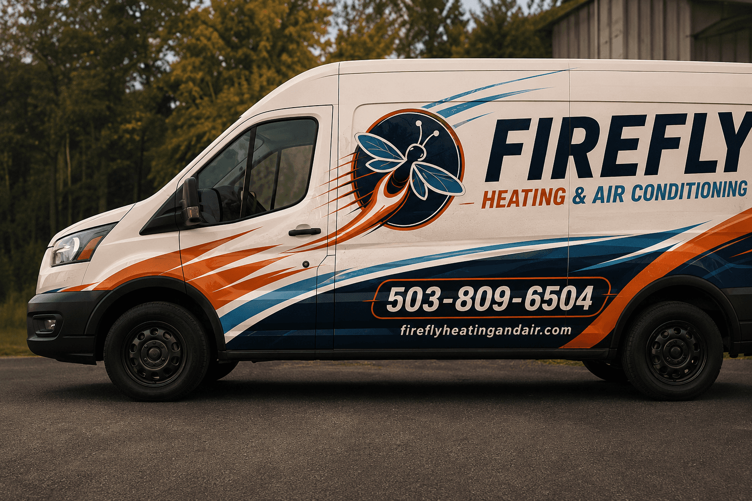 Firefly Heating & Air Conditioning branded service van driving through the service area.